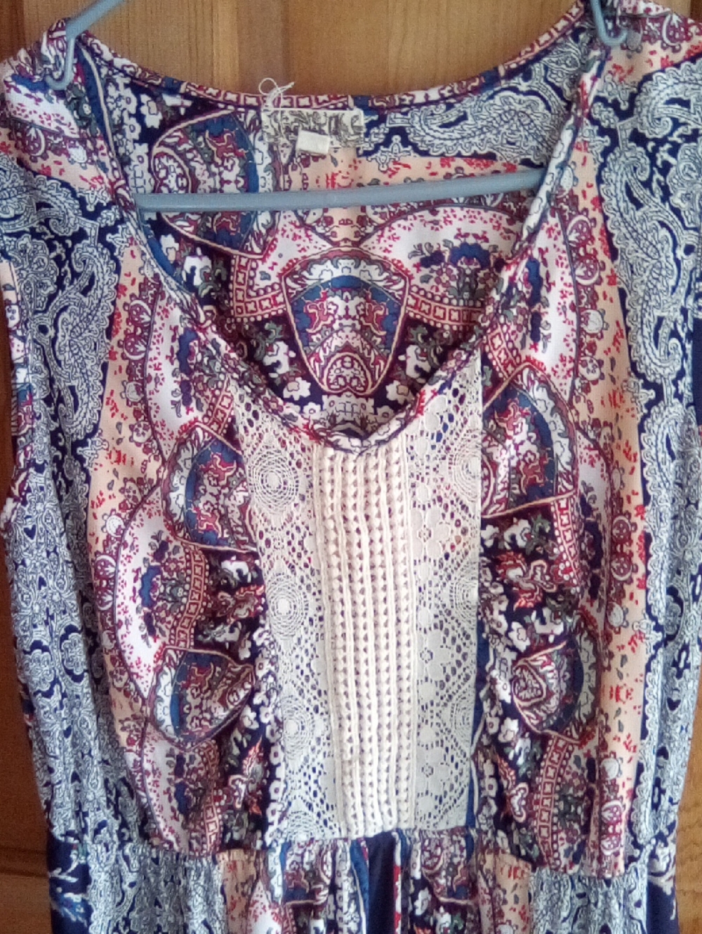 Bohemian Printed Maxi Dress with Lace Panel - Navy & Cream